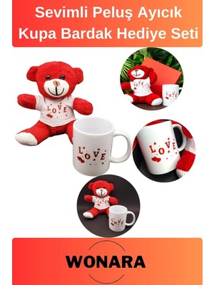 Wonara Özel Üretim Sevgili, Eş Aşk Love Tasarımı Hediyelik Ayıcık ve Kupa Bardak Seti