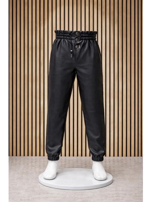 NerKids Kız Çocuk Lastikli Deri Pantolon