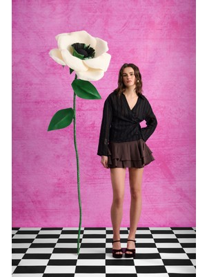 Quzu Anvelop Yaka Bağcıklı Tül Bluz Siyah