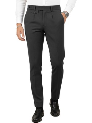 Deepsea Erkek Füme Italyan Kesim Likralı Pileli Şık Kumaş Pantolon – Uzun Dil Kapama 2601021