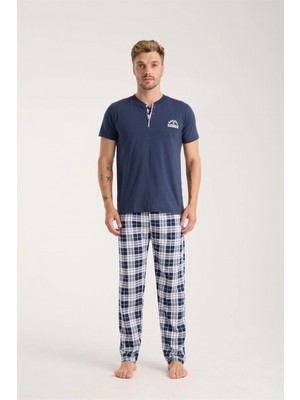 MiraLive Miray- Erkek Lacivert Düğmeli Yaka Kısa Kol Pijama Takımı
