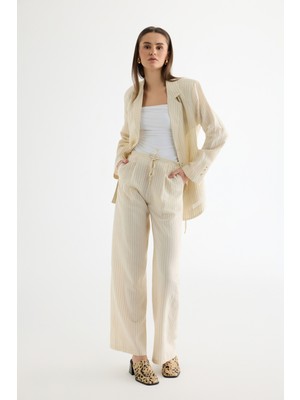 Quzu Çizgili Bağcıklı Bol Paça Pantolon Ekru