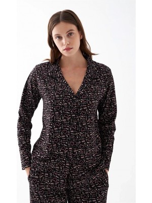 MiraLive Miray- Kadın Siyah Düğmeli Kalp Desenli Pamuklu Pijama Takımı