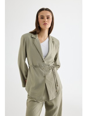 Quzu Çizgili Bağcıklı Gömlek Ceket Haki
