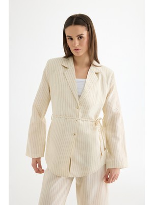 Quzu Çizgili Bağcıklı Gömlek Ceket Ekru