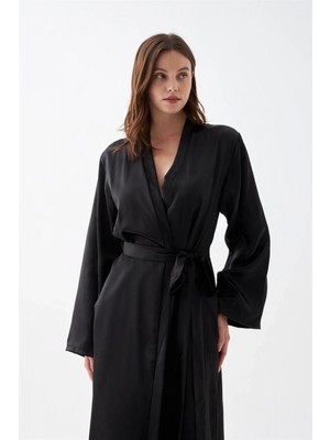 MiraLive Miray- Kadın Uzun Siyah Saten Sabahlık