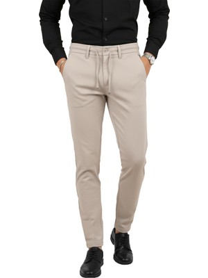 Deepsea Erkek Bej Likralı Beli Lastikli & Ipli Dar Kesim Şık Kumaş Pantolon 2600572