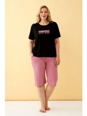 MiraLive Miray- Kadın Siyah “no Rules Just Ride” Yazılı Büyük Beden Kapri Pijama Takımı