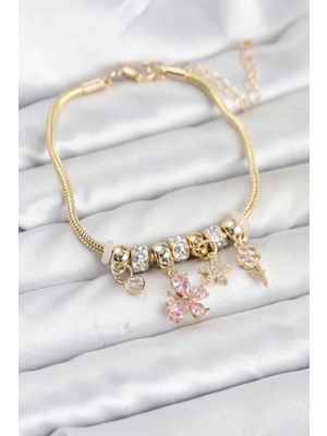 Freedom Store Pirinç Gold Renk Pembe Kelebek Charmlı Kadın Bileklik