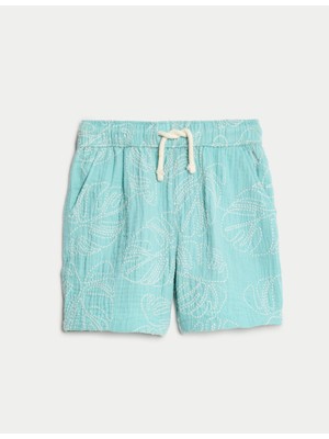 Marks & Spencer Saf Pamuklu Yaprak Nakışlı Şort (2-8 Yaş)