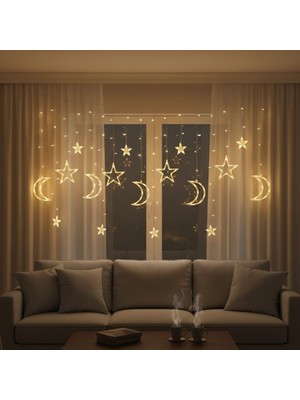 Ay ve Yıldız Figürlü Kumandalı 12 Sarkıtlı 120 LED Dekor Işık – Dekoratif Ortam ve Masaüstü Aydınlatması