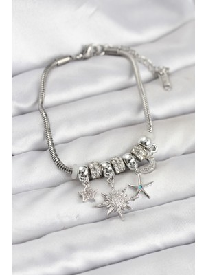 Freedom Store Pirinç Gümüş Renk Güneş Tema Charmlı Kadın Bileklik