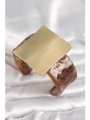 Pazarcan Kahverengi Mermer Desen Akrilik Plastik Gold Kare Plaka Model Kadın Bilezik - TJ-BB6682
