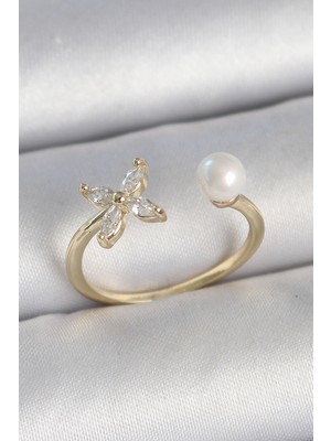 Pazarcan Pirinç Gold Renk Zirkon Taşlı Çiçek Model Inci Detay Ayarlanabilir Kadın Yüzük - TJ-BYK3727