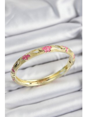 Pazarcan Mineli Pirinç Pembe ve Hardal Çiçek Motifli Gold Renk Kadın Kelepçe - TJ-BB7369