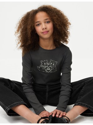 Marks & Spencer Pamuk Karışımlı Kedi Baskılı Uzun Kollu Üst (2-16 Yaş)