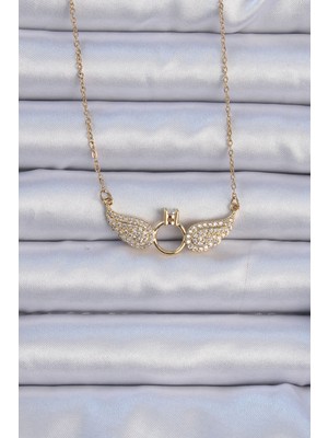 Pazarcan 316L Çelik Zincir Altın Renk Kanatlı Tektaş Kolye - TJ-BKO9077