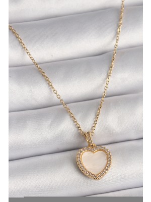 Pazarcan 316L Çelik Gold Renk Zincir Zirkon Taşlı Beyaz Mineli Kalp Model Kadın Kolye - TJ-BKO9780