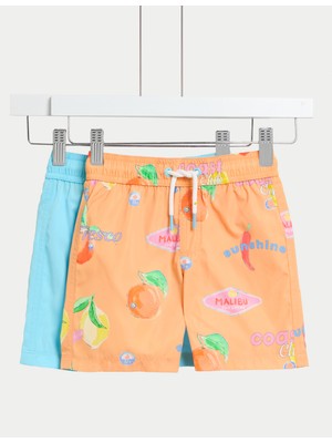 Marks & Spencer 2'li Meyve Desenli ve Düz Renkli Mayo Şortları (2-8 Yaş)