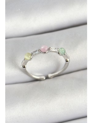 Pazarcan Pirinç Sıralı Boncuk Figürlü Zirkon Taşlı Gümüş Renk Ayarlanabilir Kadın Yüzük - TJ-BYK3759