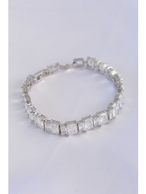 Pazarcan Vip Seri Pirinç Zirkon Taşlı Gümüş Renk Baget Su Yolu Model Bileklik - TJ-BB6066