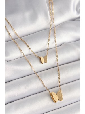 Pazarcan 316L Çelik Gold Renk 2'li Simli Model Kadın Kolye - TJ-BKO9928