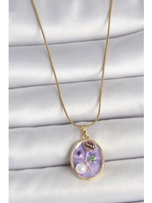Pazarcan 316L Çelik Gold Renk Zincir Mor Çiçek Işlemeli Inci Detay Portre Model Kadın Kolye - TJ-BKO10078