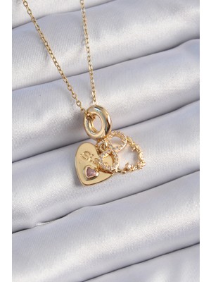 Pazarcan 316L Çelik Gold Renk Zirkon Taşlı Sonsuzluk Kalp Figür Charm Model Kadın Kolye - TJ-BKO9310