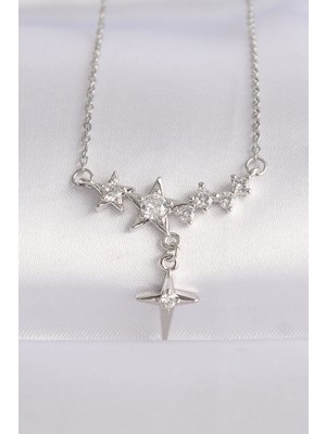 Pazarcan 316L Çelik Zincir Gümüş Renk Zirkon Taşlı Yıldız Kolye - TJ-BKO8610