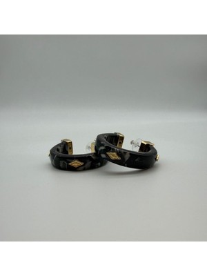 Mare Accessories Siyah Mermer Dokulu Altın Detaylı Halka Küpe