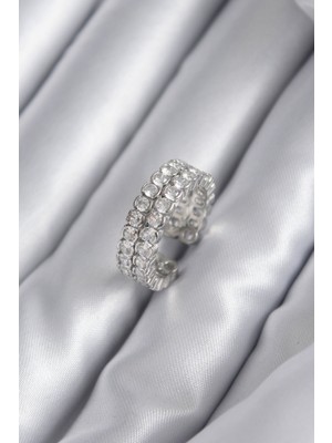 Pazarcan Pirinç Gümüş Renk Zirkon Taşlı Kadın Yüzük - TJ-BYK2938