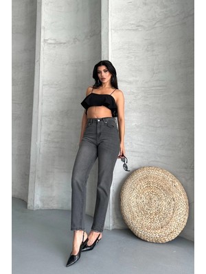 Pazarcan Mom Enzim Taş Yıkama Jeans Pantolon Füme