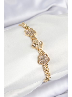 Pazarcan Pirinç Zirkon Taşlı Yonca Model Gold Renk Kadın Bileklik - TJ-BB7547
