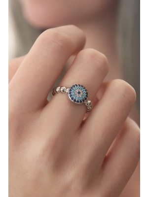 Pazarcan Gümüş Renk Nazar Boncuk Figür Zirkon Taş Detay Kadın Yüzük - TJ-BYK2414