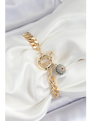 Pazarcan Pirinç Nazar Model Zirkon Taşlı Gold Renk Vi̇p Seri Kadın Bileklik - TJ-BB7210