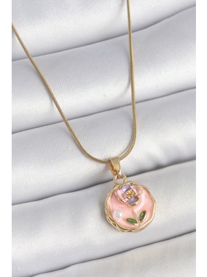 Pazarcan 316L Çelik Gold Renk Zincir Pembe Çiçek Işlemeli Inci Detay Portre Model Kadın Kolye - Tj-B