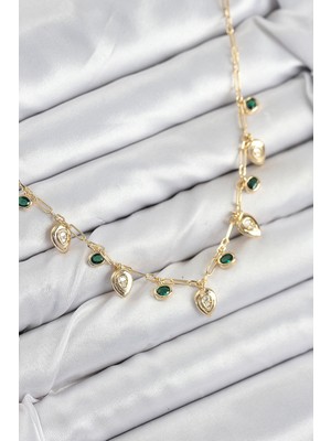 Pazarcan Pirinç Zirkon Taşlı Sallantılı Damla Model Gold Renk Kadın Kolye - TJ-BKO10493