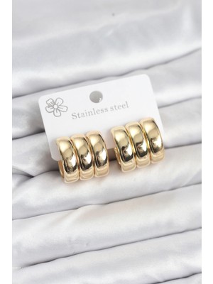 Aylina Bfs 316L Çelik Gold Renk 3'lü Görünüm Kadın Küpe