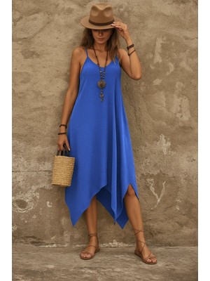 La Mode Istanbul Kadın Askılı V Yakalı Cep Detaylı Asimetrik Kesim Viskon Elbise