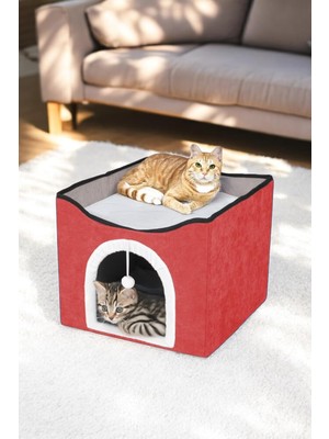Hepta Collection Sevimli Katlanır Taşınabilir Çok Fonksiyonlu Kapalı Kedi Evi Yatağı Kırmızı
