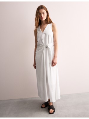 Marks & Spencer Saf Pamuk V-Yaka Midi Kuplu Elbise