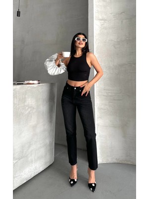 Pazarcan Mom Enzim Bıyıklı Taş Yıkama Jeans Pantolon Siyah