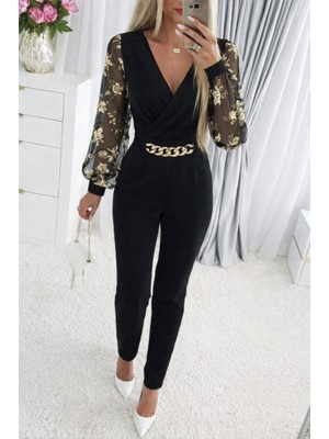 Buğrahayalin Kadın Uzun Kollu Kruvaze Yakalı Kolları Çiçek Desenli Janjan Krep Tulum