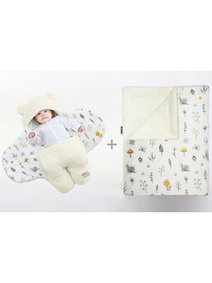 0-4 Ay Bebek Dış Kundak ve Battaniye Seti Wellsoft Ekru Beyaz (Mantar Desenli)
