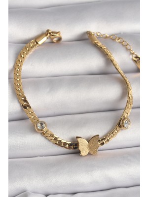 Nehir 316L Çelik Gold Renk Yassı Zincir Zirkon Taşlı Simli Kelebek Figür Kadın Bileklik