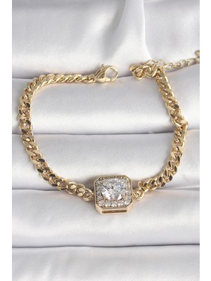 Nehir Pirinç Gold Renk Kare Zirkon Taşlı Xuping Exclusive Vıp Seri Kadın Bileklik