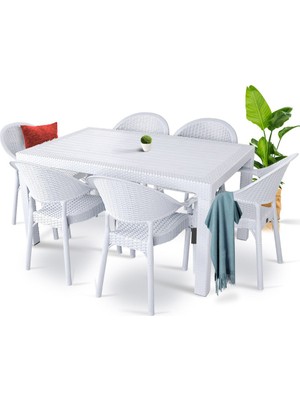 Noble Desing Rattan Masa Takımı 6 Kişilik Bambu Sandalye Seti Bahçe Balkon Teras Takımı 90X150 Camsız Masa