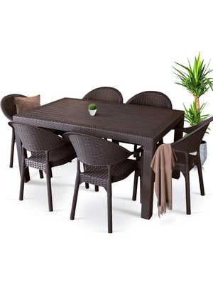 Noble Desing Rattan Masa Takımı 6 Kişilik Bambu Sandalye Seti Bahçe Balkon Teras Takımı 90X150 Camsız Masa