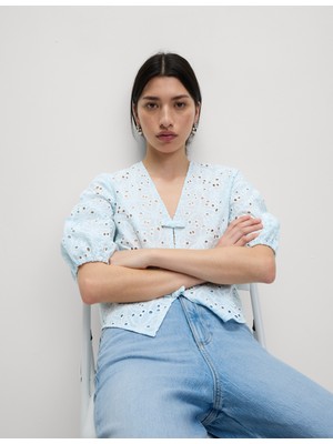 Marks & Spencer Saf Pamuklu Çiçek Desenli Fiyonk Detaylı Bluz