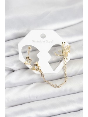 Mey İthalat Bfs Kelebekli Model Pirinç Gold Renk Zincir Bağlantılı Ear Cuff Küpe Seti
